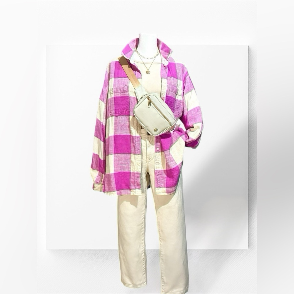 AMERICAN EAGLE PINK & CREAM PLAID OVERSIZED COTTON FLANNEL SIZE MEDIUM